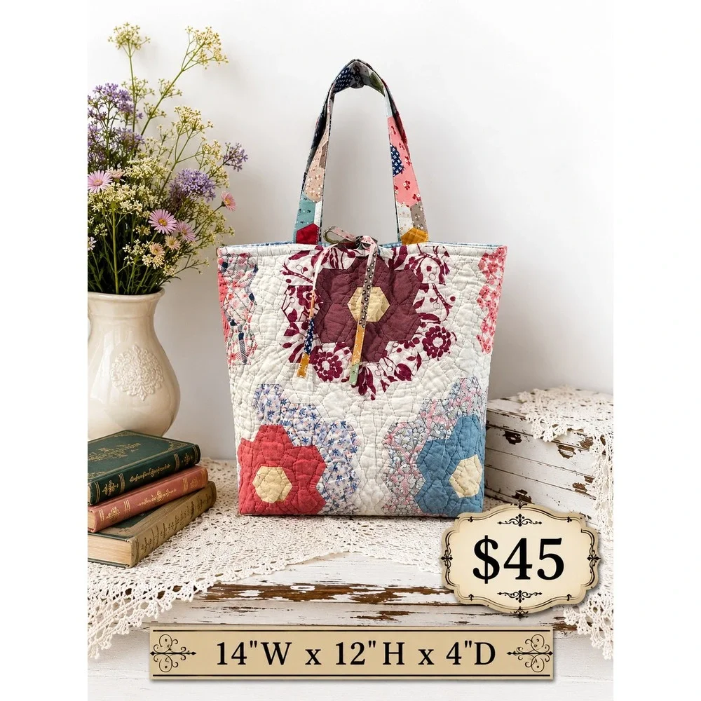 Vintage Grandma's Flower Garden Quilt Upcycled Tote Bag Purse - Gorgeous!